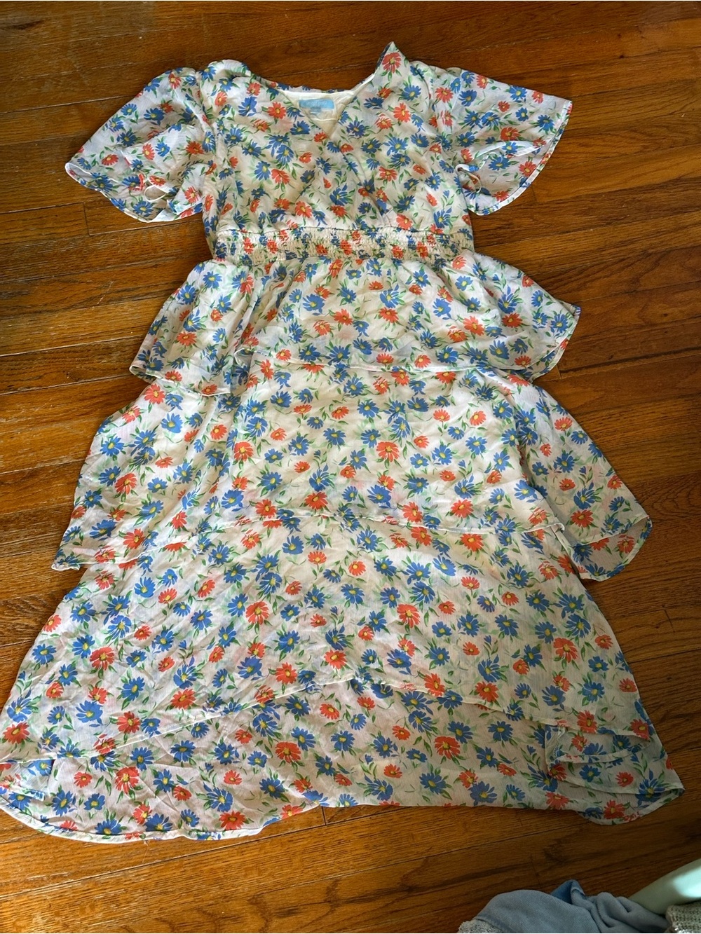 Draper James RSVP White Floral Tiered Dress with Blue & Coral Flowers Preppy